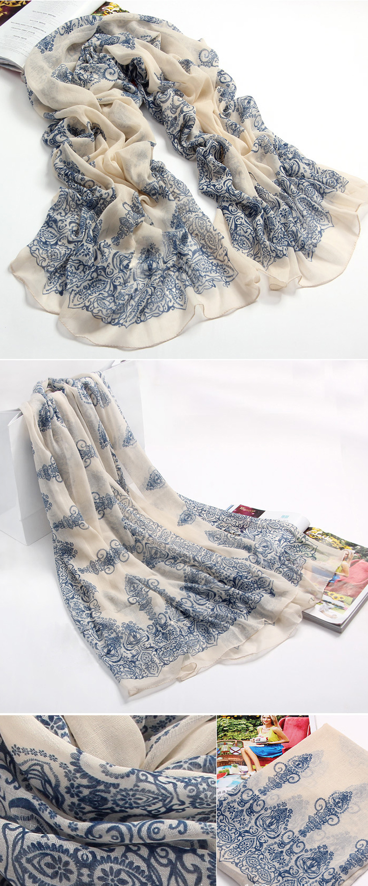 Chinese blue white porcelain scarf summer shawl