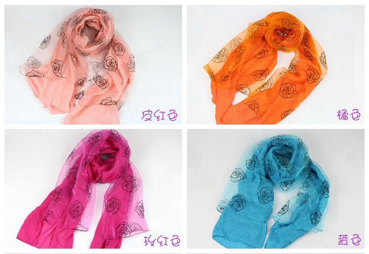 Women rose patterned scarves thin section