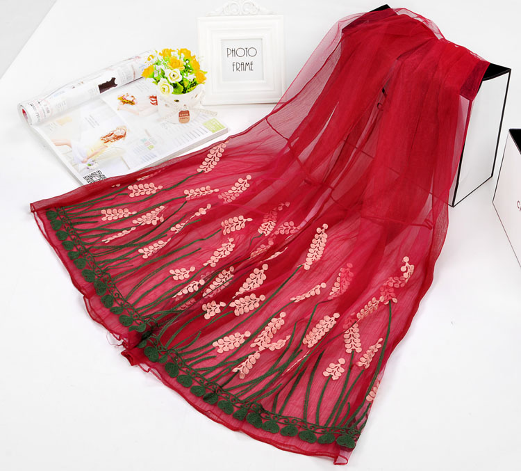 Embroidered silk chiffon scarf