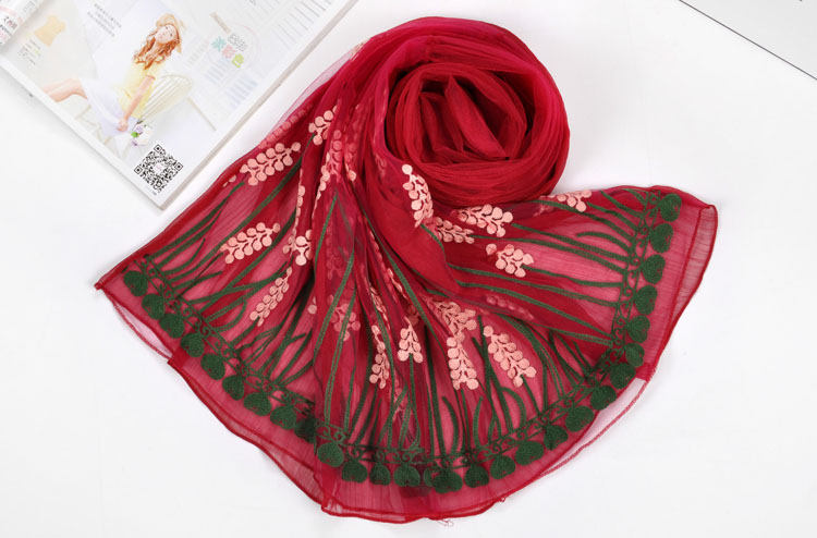 Embroidered silk chiffon scarf
