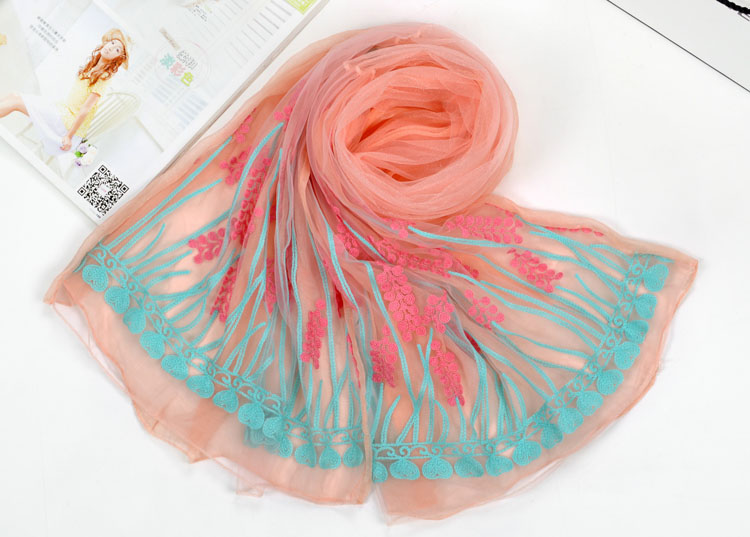 Embroidered silk chiffon scarf