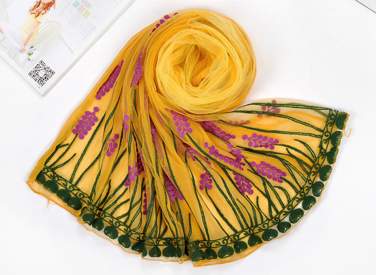 Embroidered silk chiffon scarf