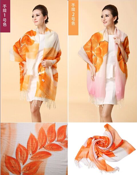 Hand painted silk wool scarf
