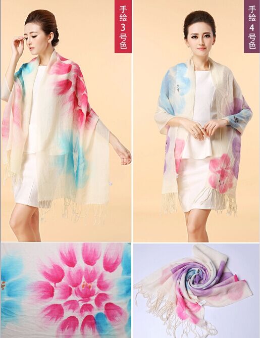 Hand painted silk wool scarf
