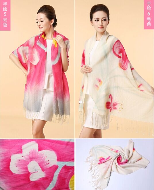 Hand painted silk wool scarf