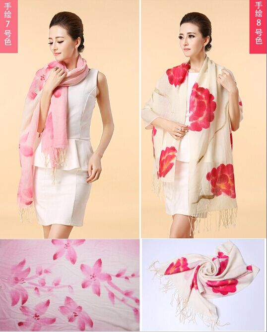 Hand painted silk wool scarf