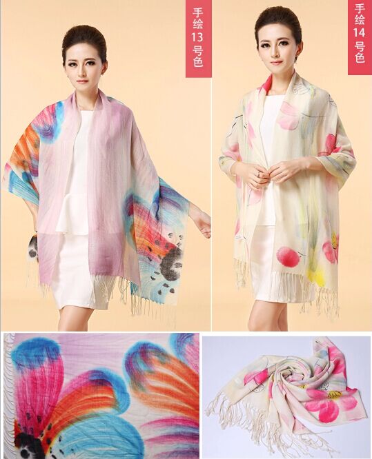 Hand painted silk wool scarf