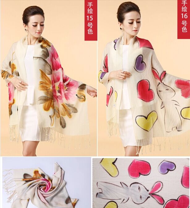 Hand painted silk wool scarf