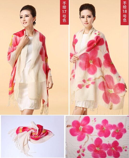 Hand painted silk wool scarf