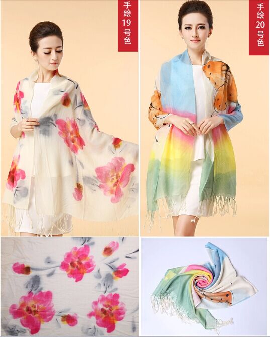 Hand painted silk wool scarf
