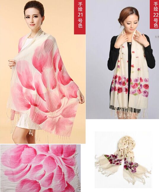 Hand painted silk wool scarf