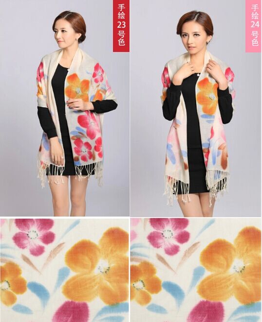Hand painted silk wool scarf