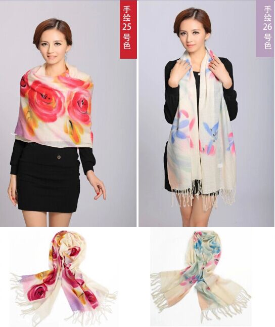 Hand painted silk wool scarf
