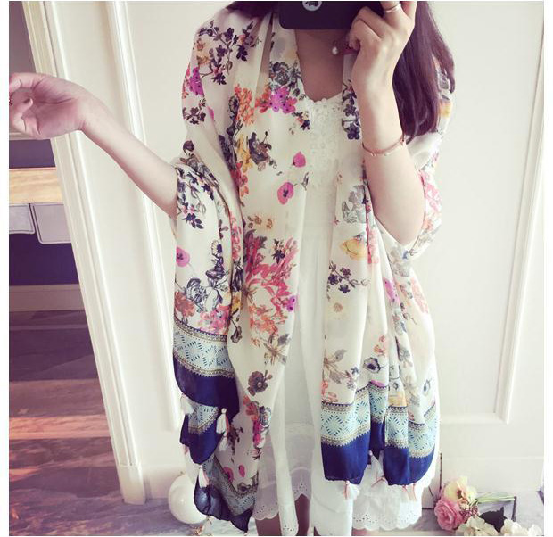 Wholesale floral fringed cotton scarf