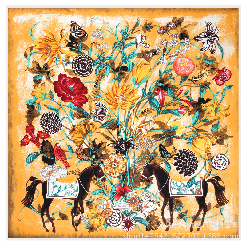 Silk scarf flower and horse square scarf