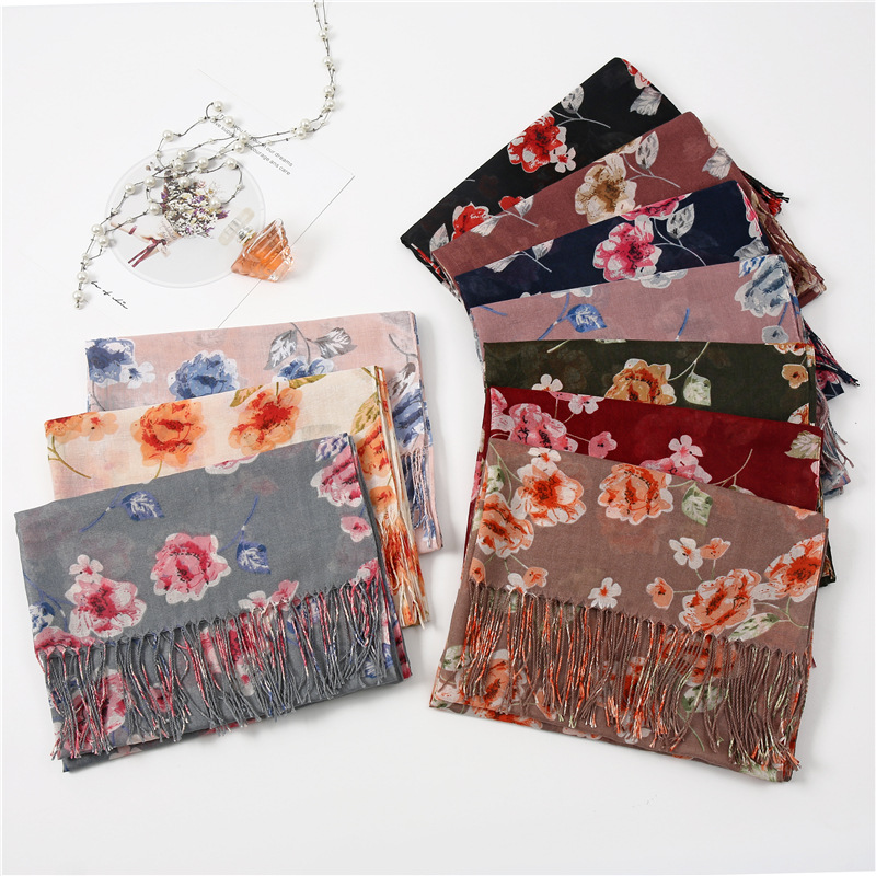 Wholesale floral cotton linen scarf women