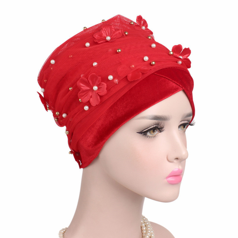 Velvet Pearl Flower Turban Hat
