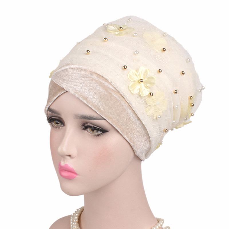 Velvet Pearl Flower Turban Hat
