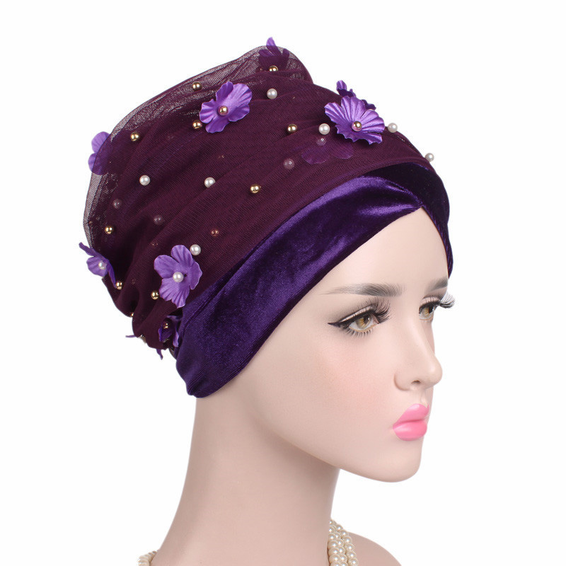 Velvet Pearl Flower Turban Hat