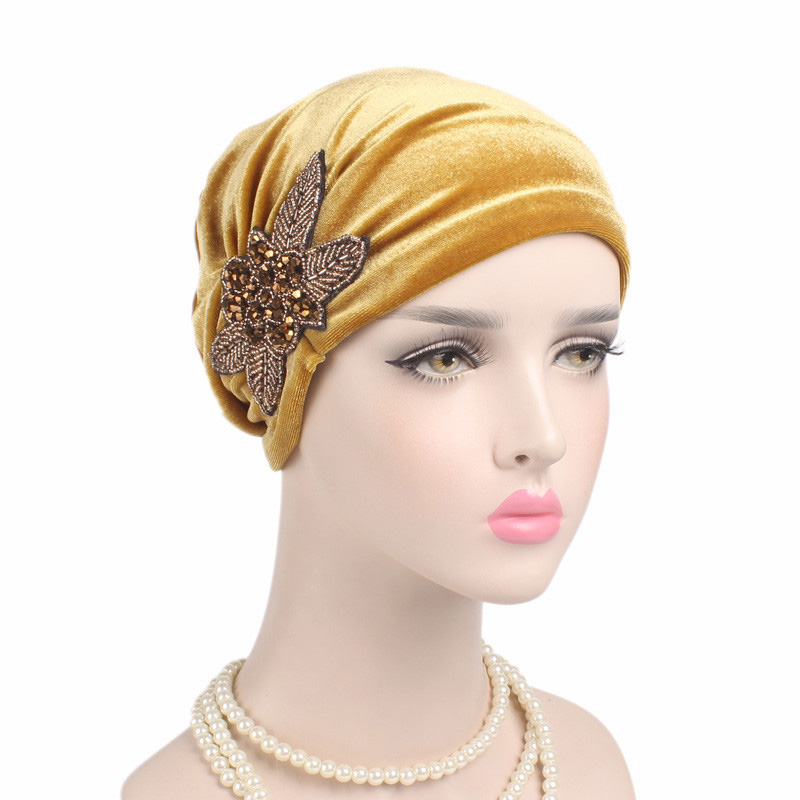 Velvet beaded flower turban hat