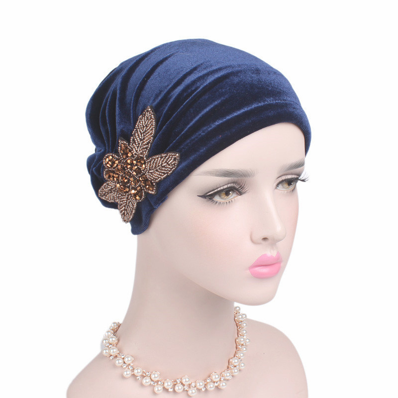 Velvet beaded flower turban hat