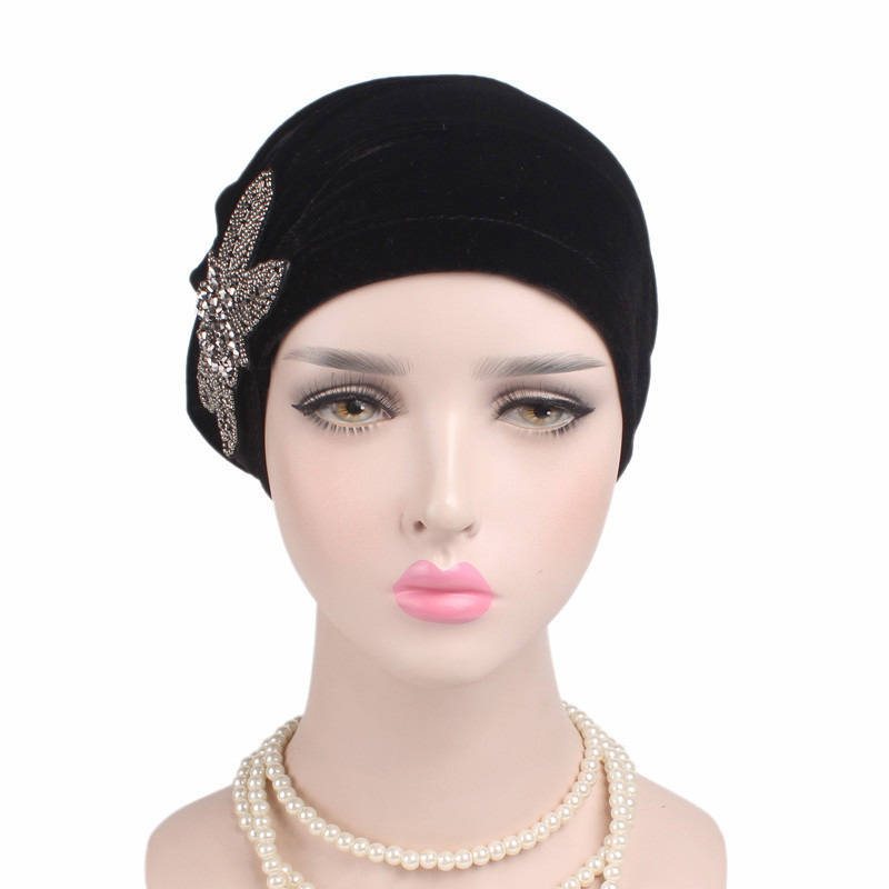 Velvet beaded flower turban hat