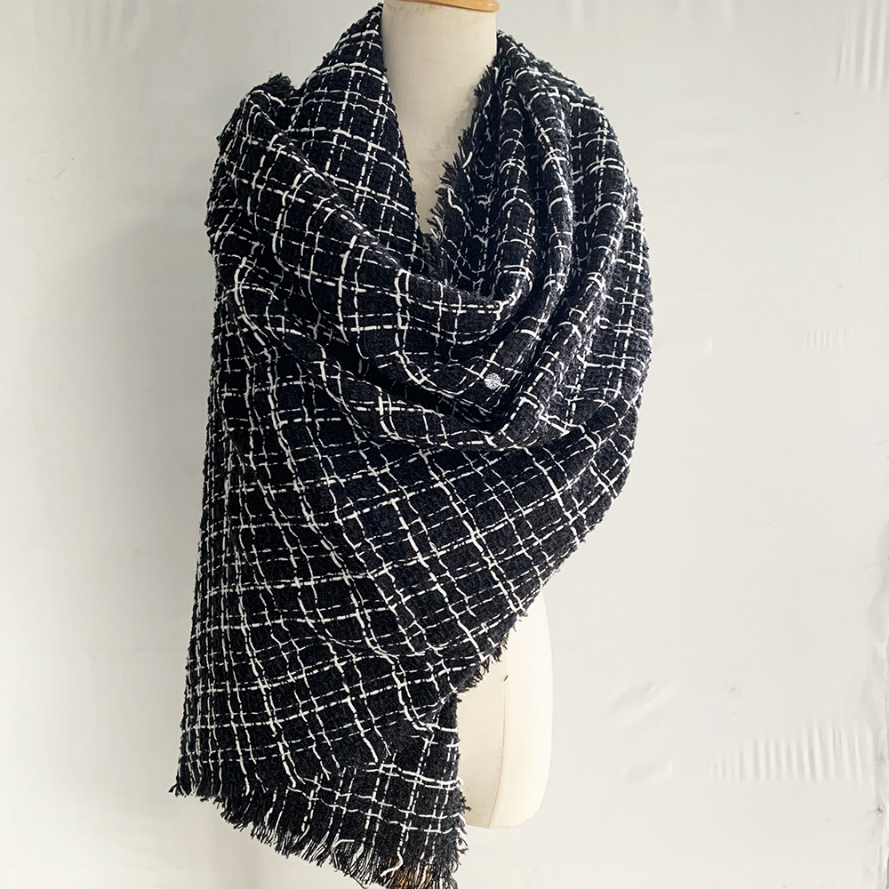 Black and white plaid cashmere shawl