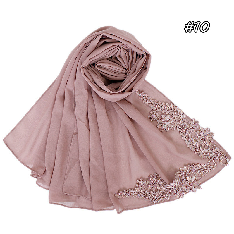 Pure color pearl chiffon embroidered scarf