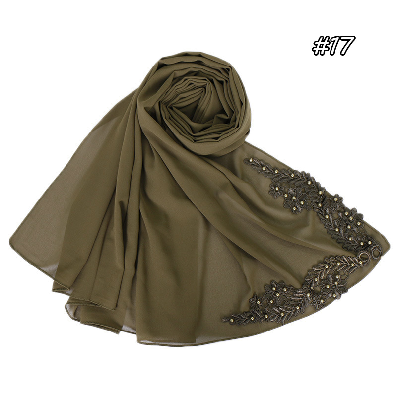 Pure color pearl chiffon embroidered scarf
