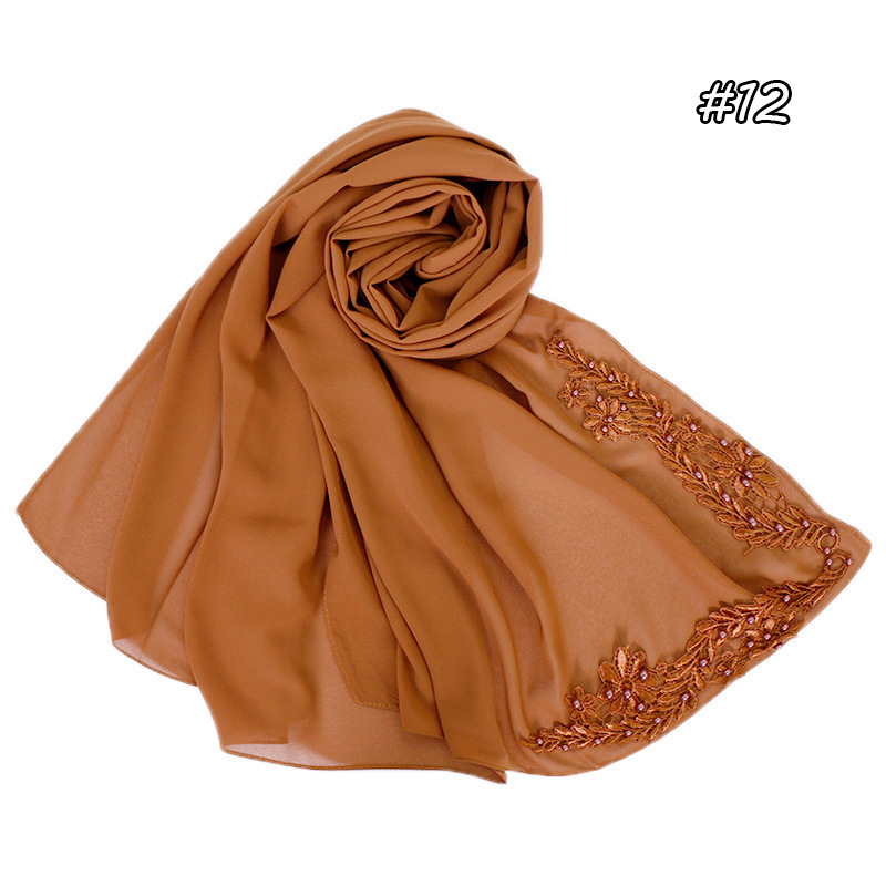 Pure color pearl chiffon embroidered scarf