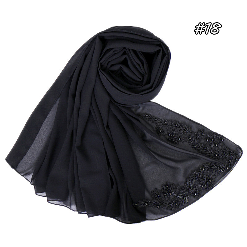 Pure color pearl chiffon embroidered scarf