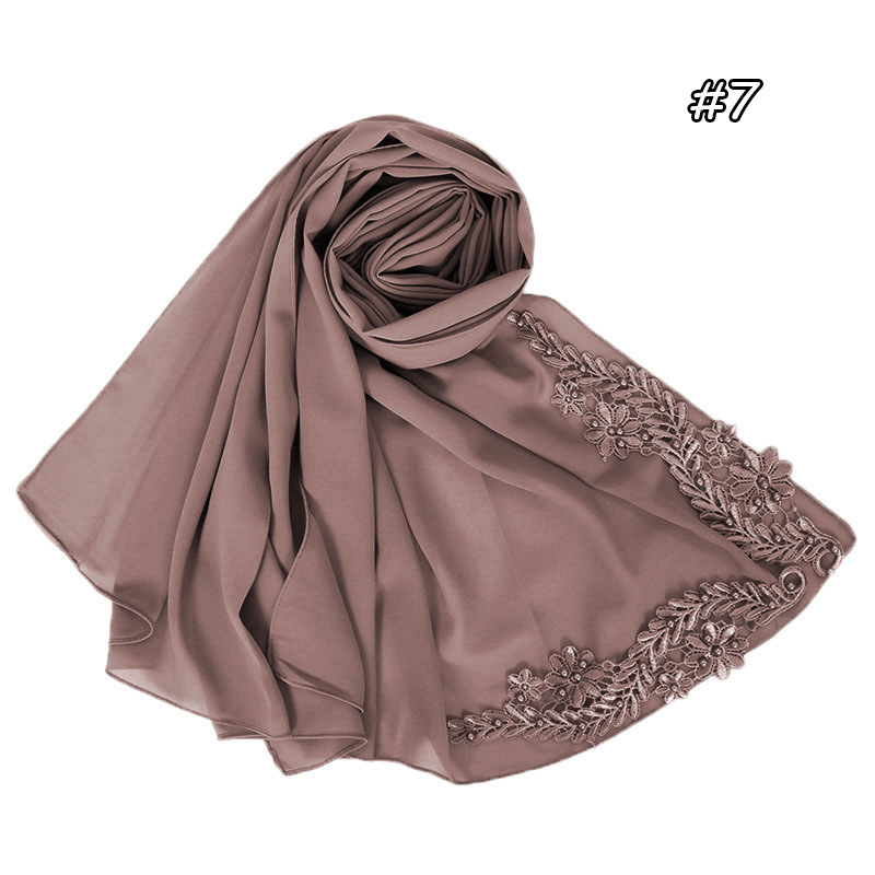 Pure color pearl chiffon embroidered scarf