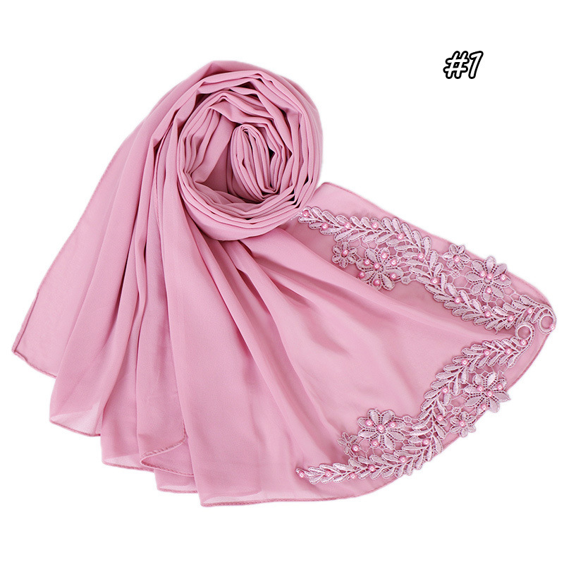 Pure color pearl chiffon embroidered scarf