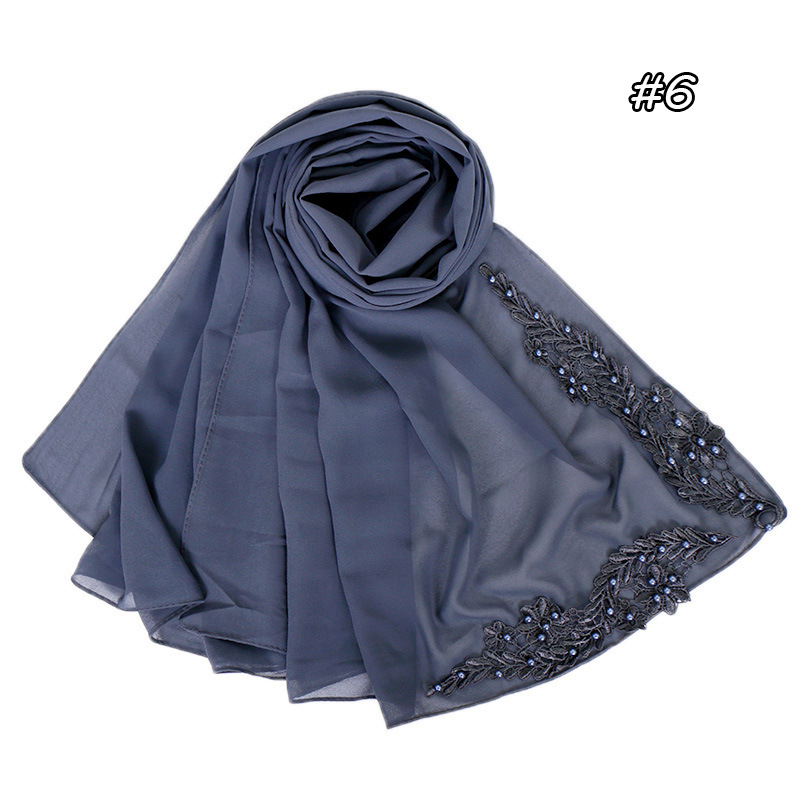 Pure color pearl chiffon embroidered scarf