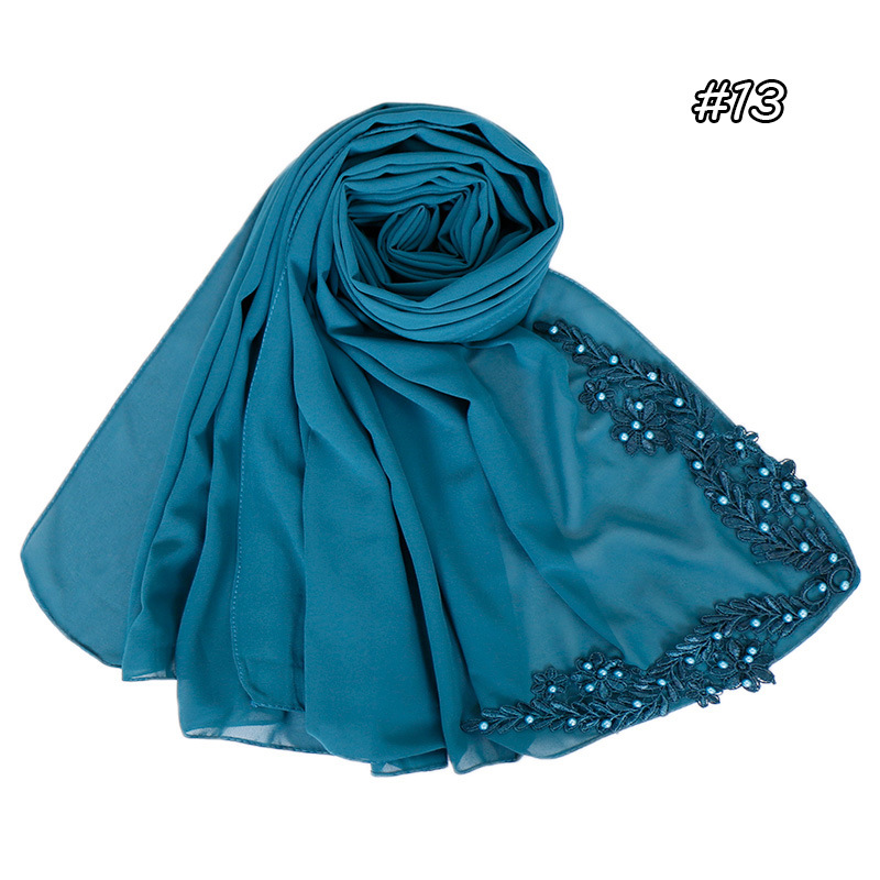 Pure color pearl chiffon embroidered scarf