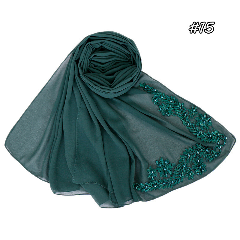 Pure color pearl chiffon embroidered scarf