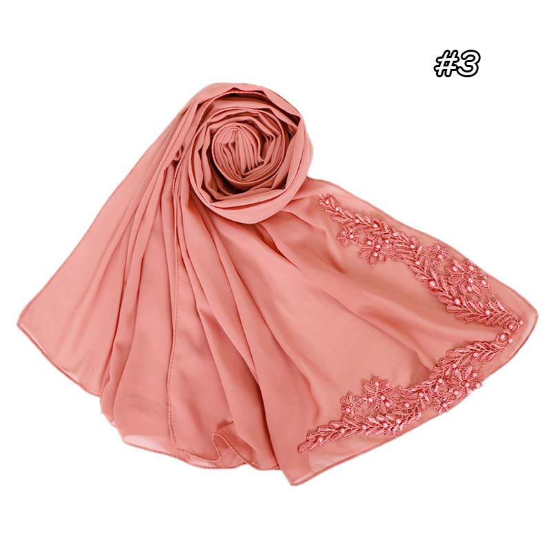 Pure color pearl chiffon embroidered scarf
