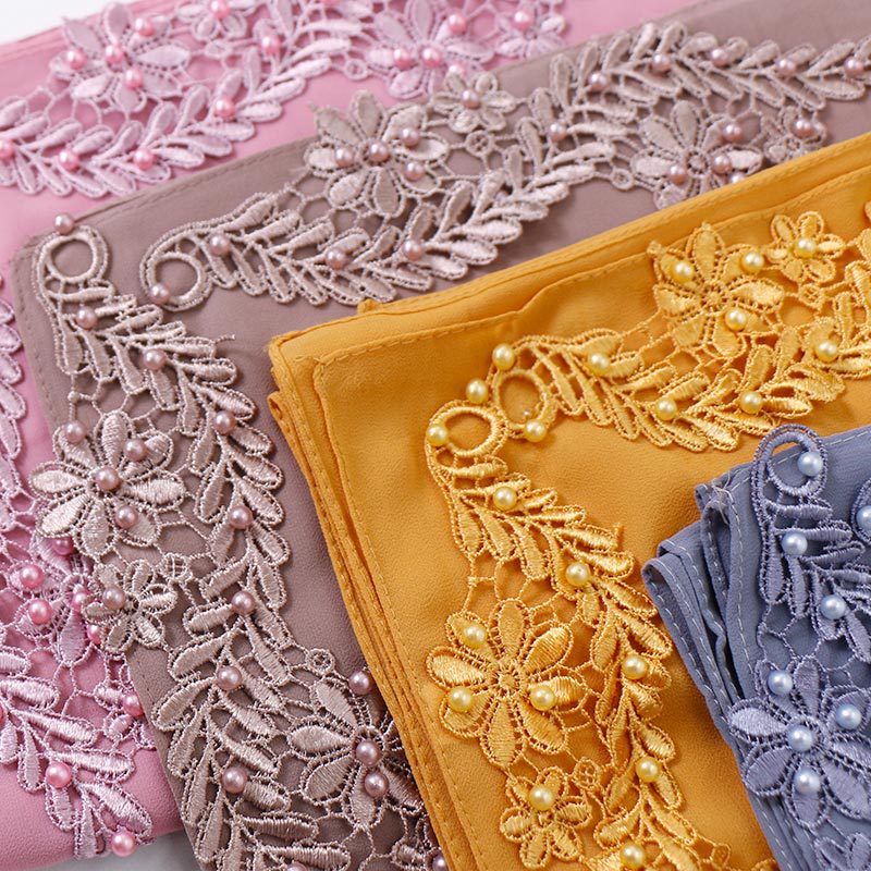 Pure color pearl chiffon embroidered scarf