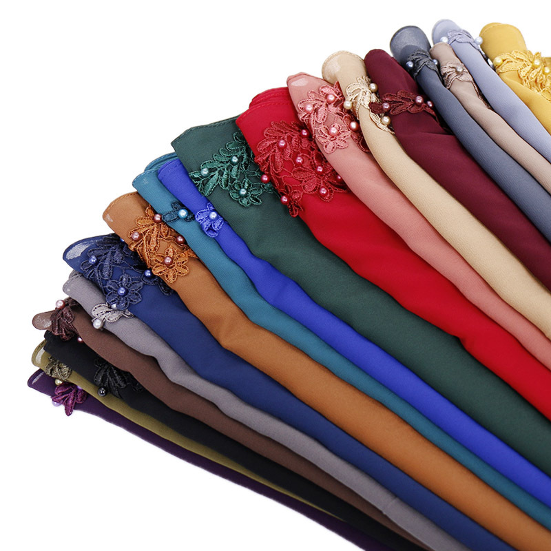 Pure color pearl chiffon embroidered scarf
