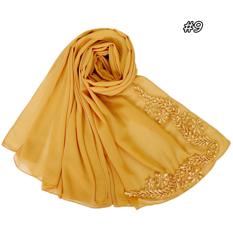 Pure color pearl chiffon embroidered scarf