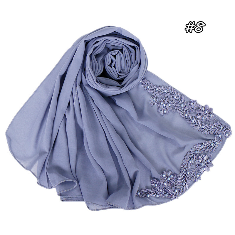 Pure color pearl chiffon embroidered scarf