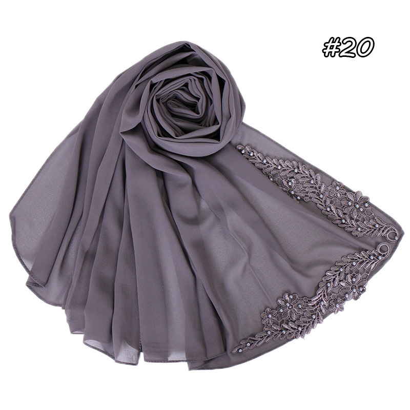Pure color pearl chiffon embroidered scarf