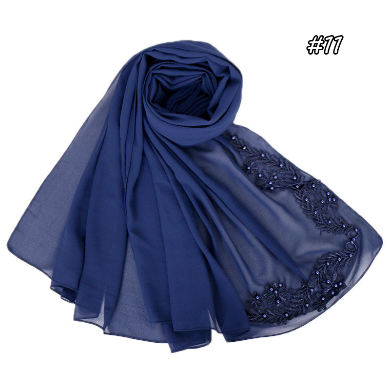 Pure color pearl chiffon embroidered scarf