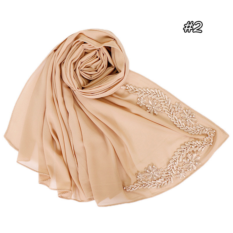 Pure color pearl chiffon embroidered scarf