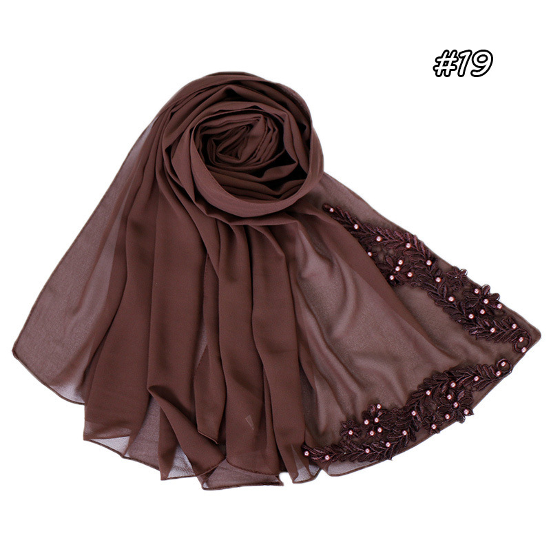 Pure color pearl chiffon embroidered scarf