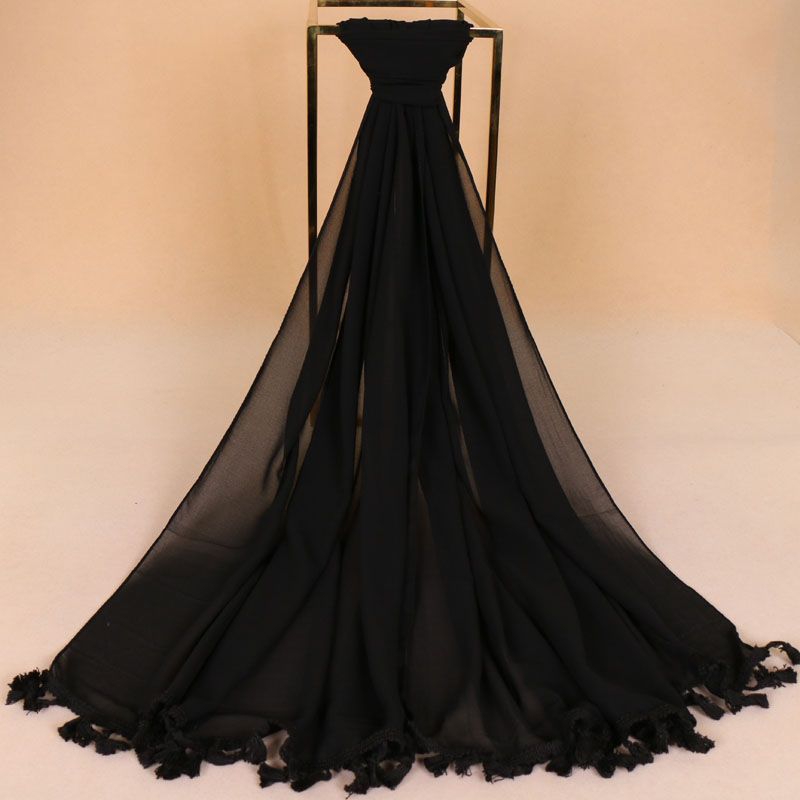 Monochrome fringed pearl chiffon headscarf