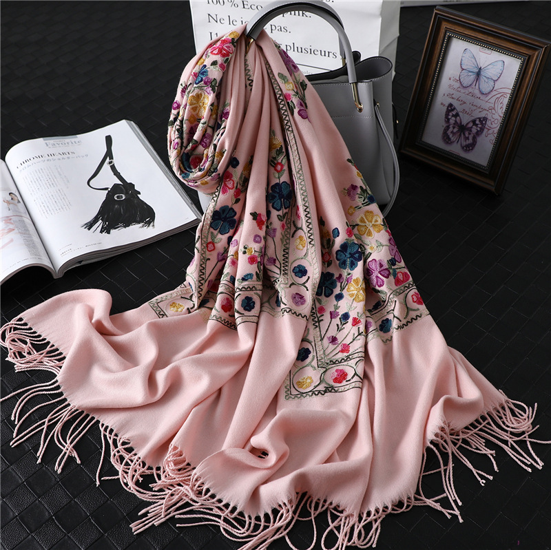 Fringed embroidery floral scarf wholesale