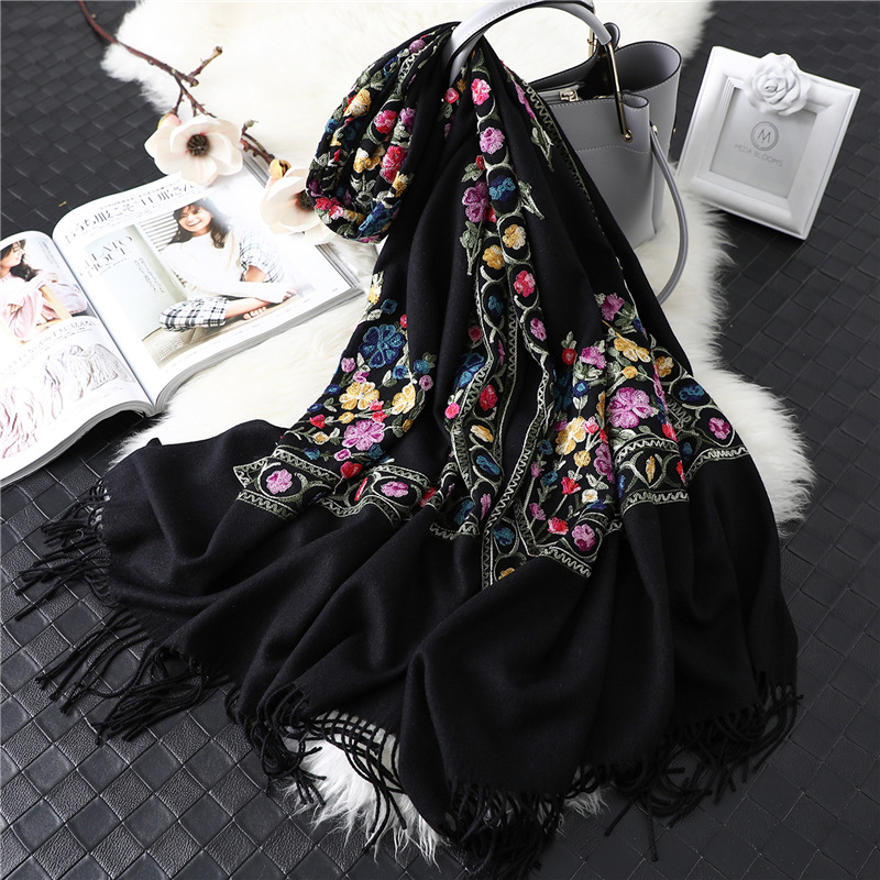 Fringed embroidery floral scarf wholesale