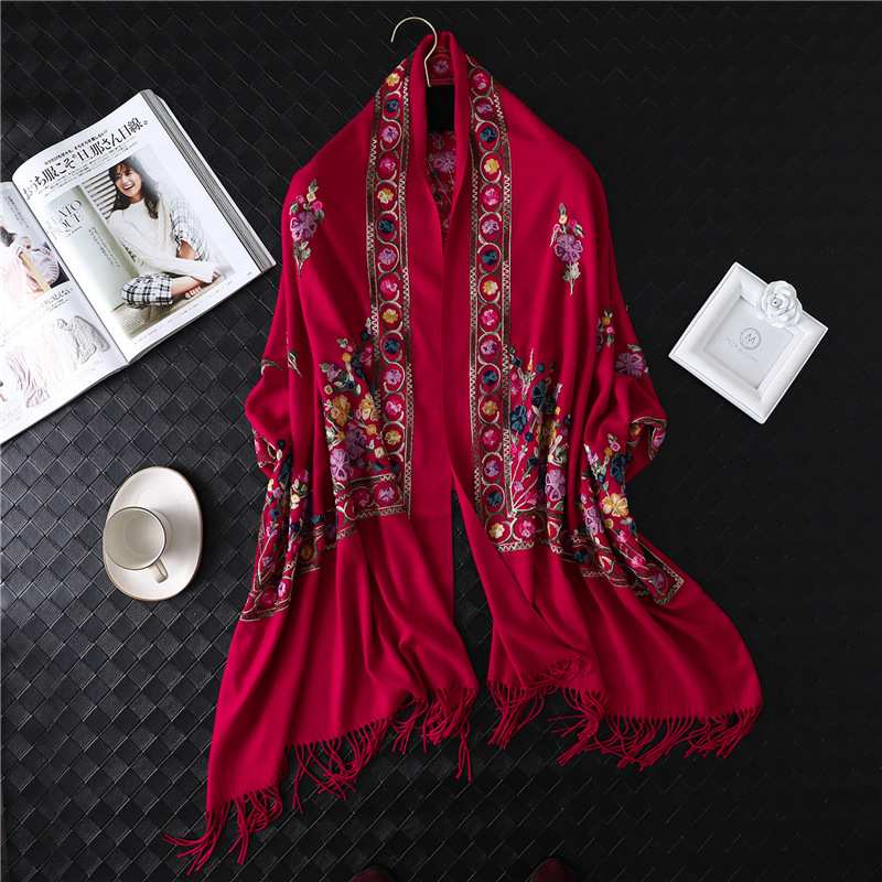 Fringed embroidery floral scarf wholesale