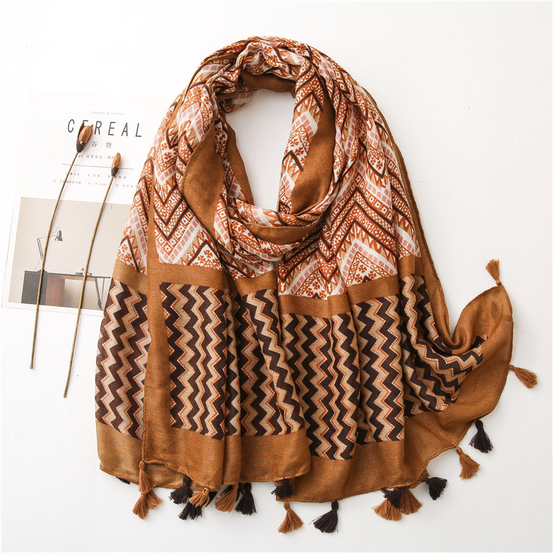 Fringe printed corrugated cotton linen scarf